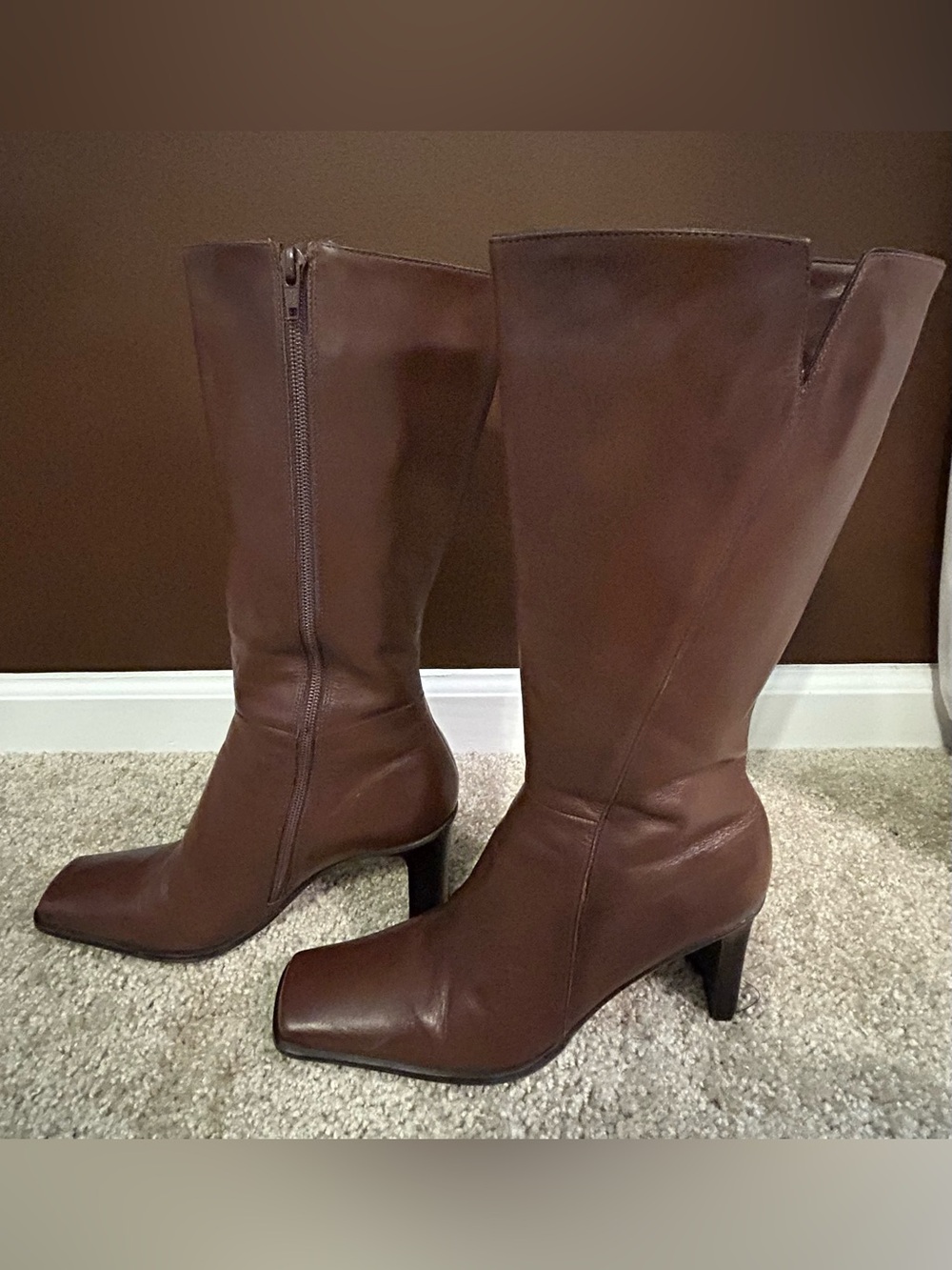 Hocus Pocus Brown Knee HIgh Square Toe Block Heel Boots NEW Size 8-1/2 M - Picture 2 of 10